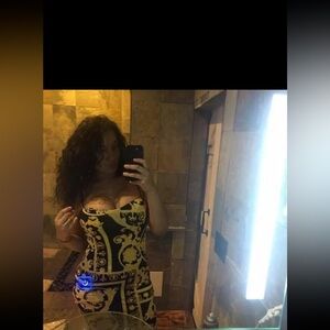 Akira women’s buster top skinny strap black and  gold baroque mid rise dress